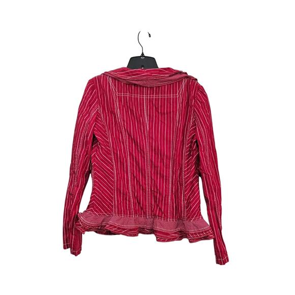 Stefanel Red White Stripped Ruffle Jacket Size 12 Large Button Front 100% Cotton - Picture 3 of 12